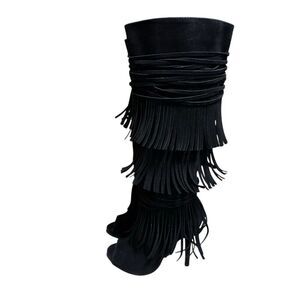 Adriana New York Woman’s Black Faux Suede Fringe Open Toe Boot Size 8